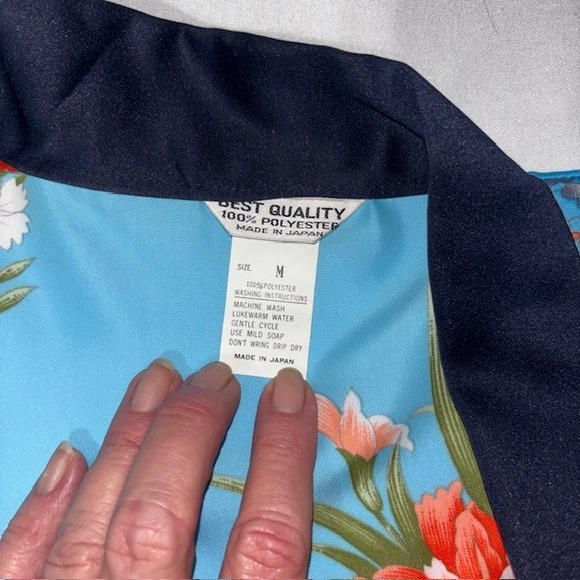 Vintage Made in Japan Floral Kimono Pajama Set Blue Navy Satin Loungewear Medium - Picture 5 of 8